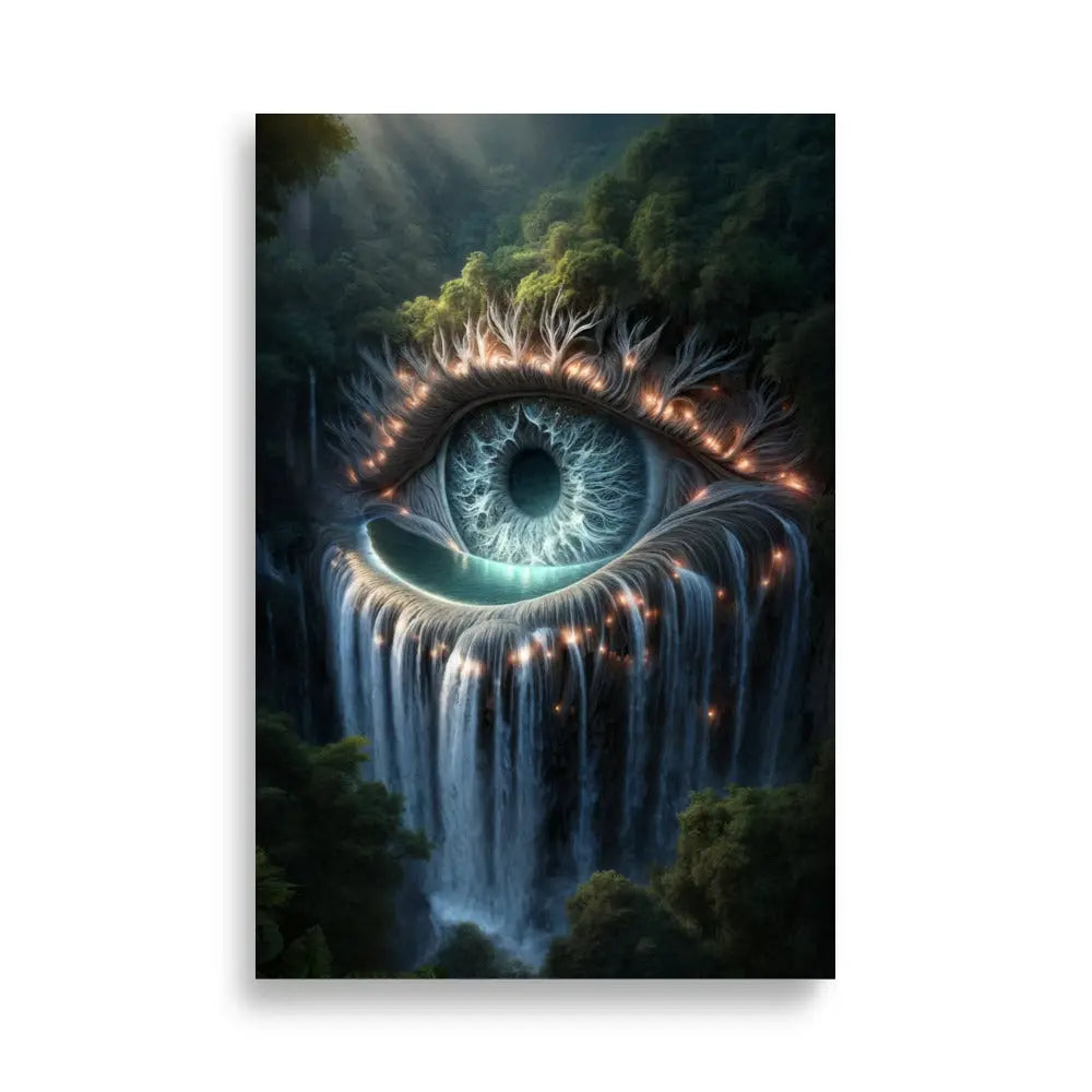 poster premium d'art contemporain 61x91 cm représentant un oeil dans la forêt dont les larmes sont une cascade, œuvre symbolique aux tons naturels et organiques – SEVEIA