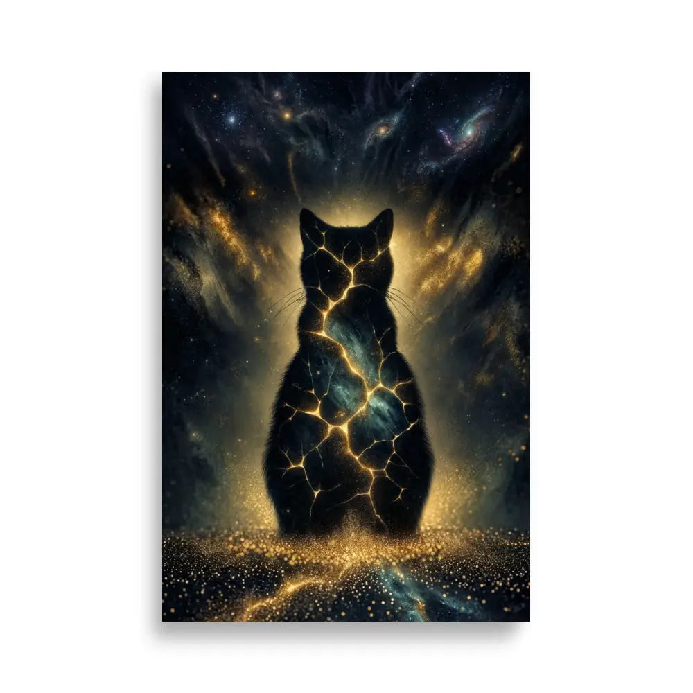 Poster premium d'art contemporain 61x91 cm représentant un chat cosmique incandescent avec des fissures lumineuses dorées et une aura stellaire - SEVEIA