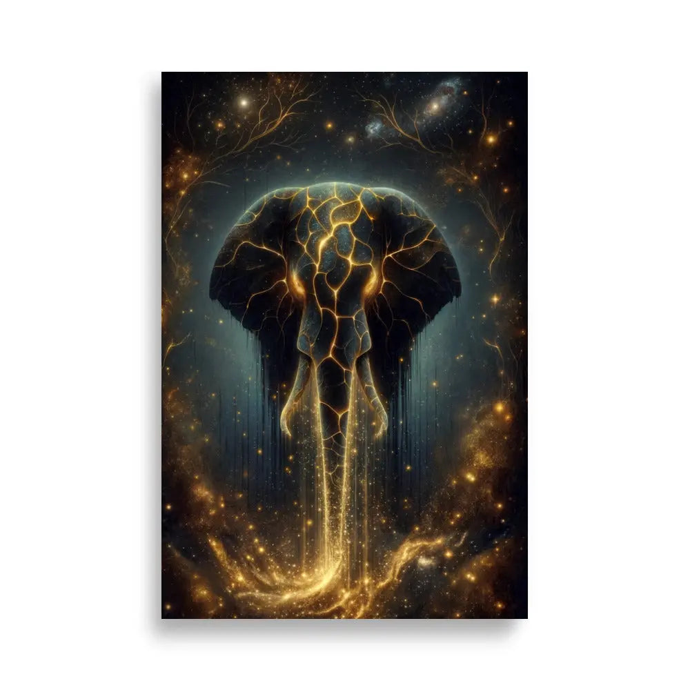 Poster premium d'art contemporain 61x91 cm représentant un éléphant doré céleste avec des fissures lumineuses et une aura spirituelle - SEVEIA