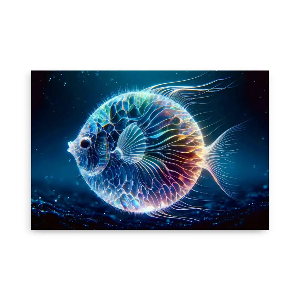 Poster d'art contemporain 61x91 cm  représentant  un poisson boule néon translucide nageant dans un environnement marin lumineux - SEVEIA