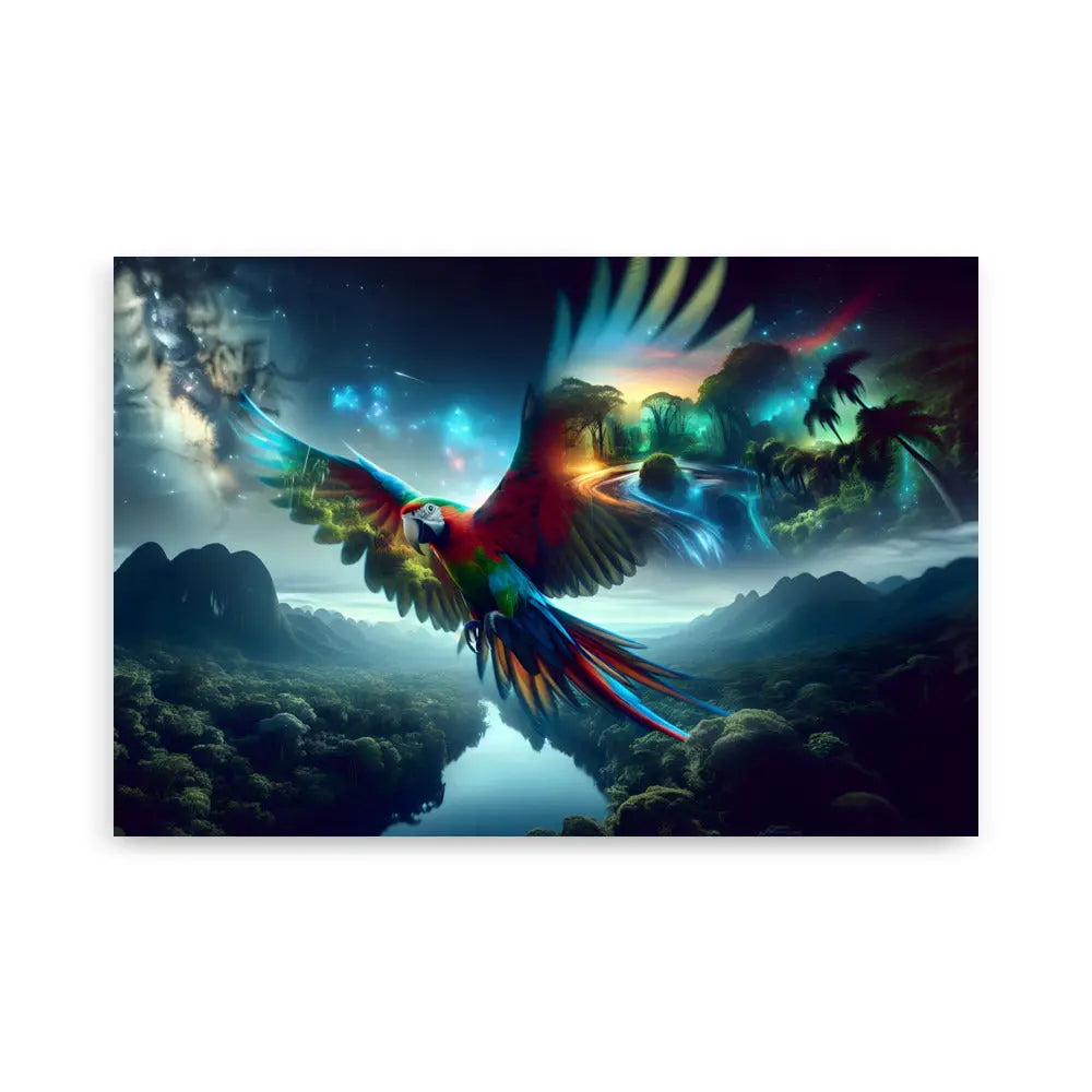 Poster d'art contemporain 61x91 cm représentant  un perroquet lumineux en plein vol avec des plumes multicolores rayonnantes et un paysage de jungle - SEVEIA