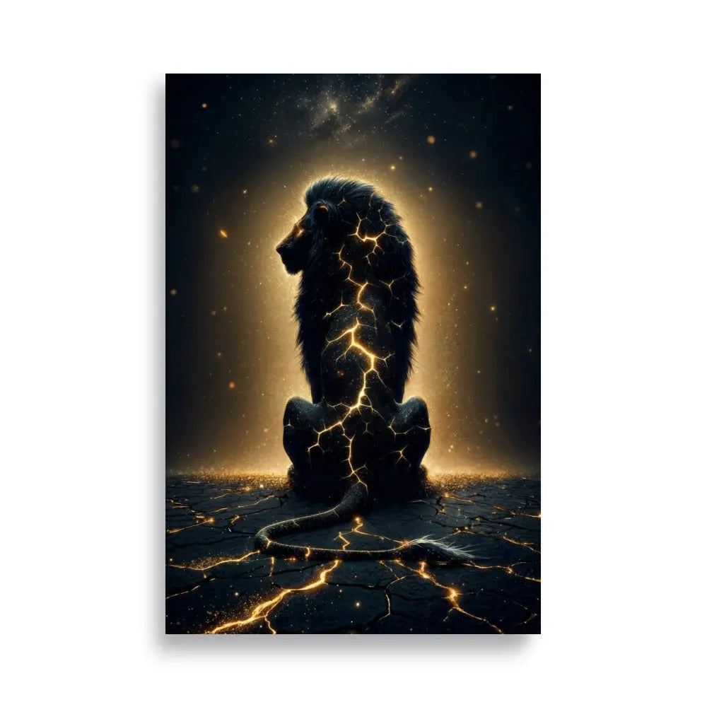 poster premium 61x91 cm d'un Lion assis avec fissures lumineuses dorées sur le corps, art symbolique contemporain représentant la résilience et la force intérieure pour décoration murale - SEVEIA