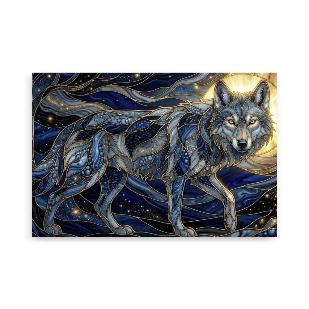 Poster premium 61x91 cm d'un loup gris et bleu comme les racines entrelacées avec énergie cosmique et lumière dorée, art symbolique contemporain représentant l’ancrage, la connexion à la nature et à l’univers - SEVEIA