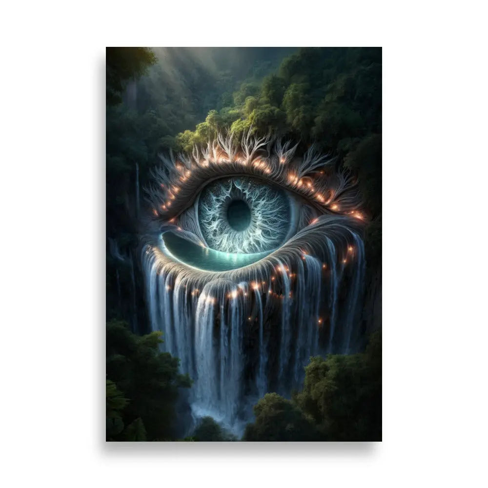 poster premium d'art contemporain 70x100 cm représentant un oeil dans la forêt dont les larmes sont une cascade, œuvre symbolique aux tons naturels et organiques – SEVEIA
