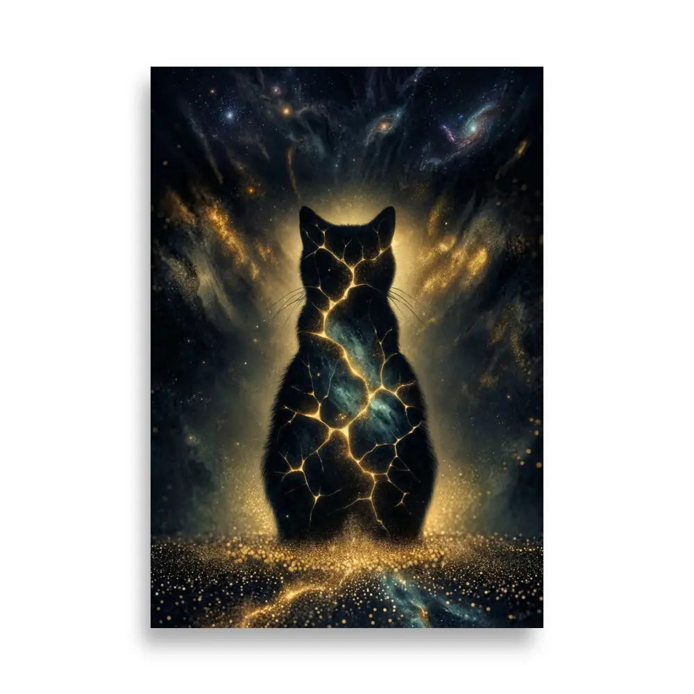 Poster premium d'art contemporain 70x100 cm représentant un chat cosmique incandescent avec des fissures lumineuses dorées et une aura stellaire - SEVEIA