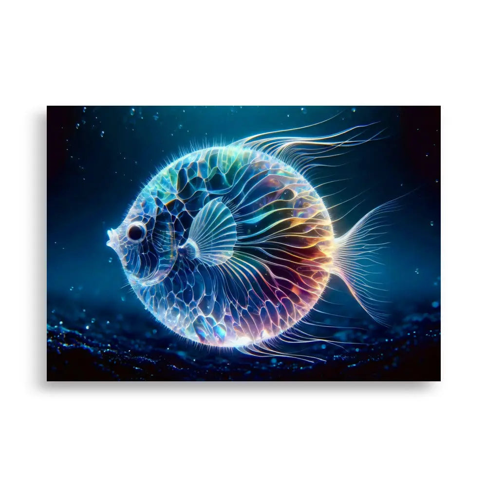 Poster d'art contemporain 70x100 cm représentant  un poisson boule néon translucide nageant dans un environnement marin lumineux - SEVEIA