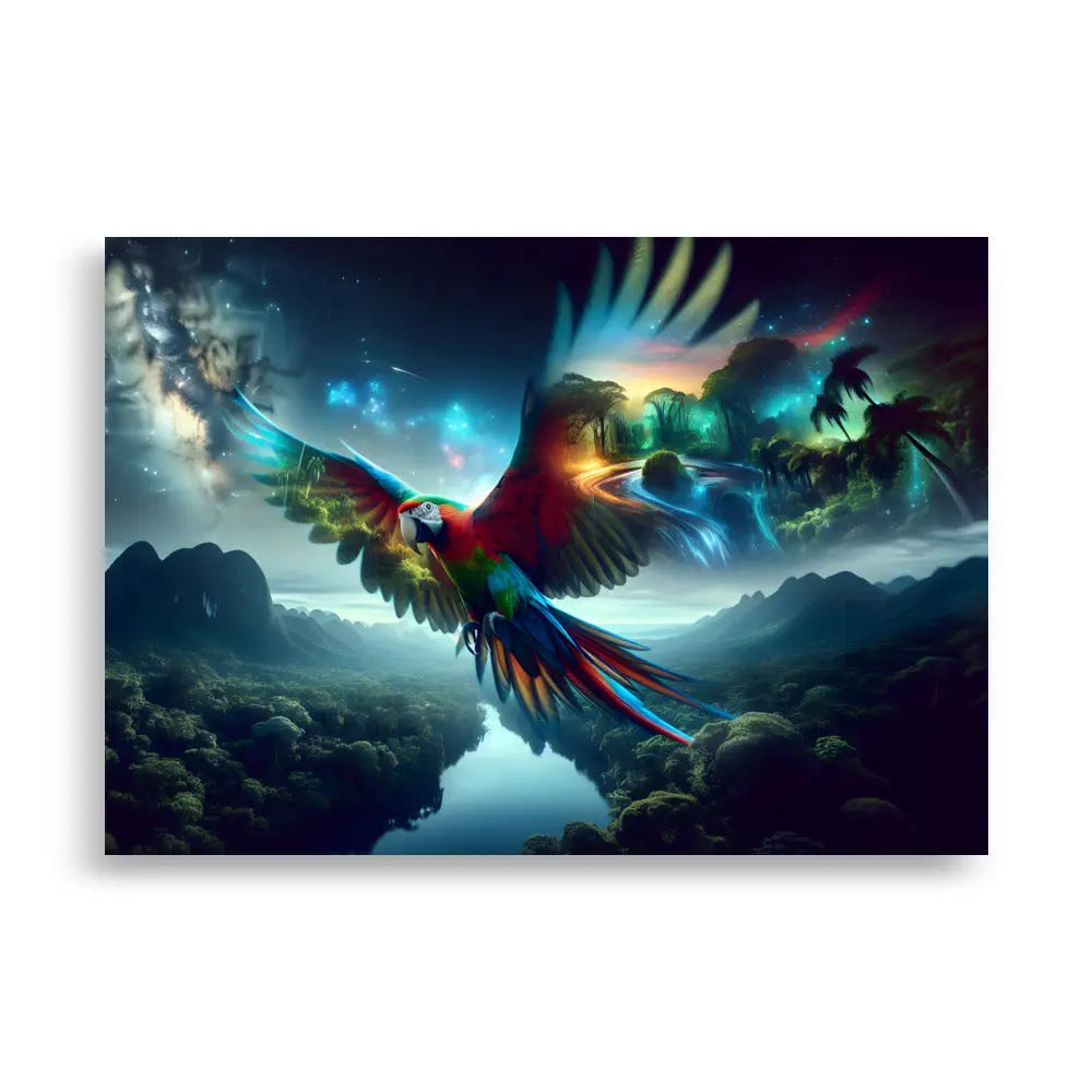 Poster d'art contemporain 70x100 cm représentant  un perroquet lumineux en plein vol avec des plumes multicolores rayonnantes et un paysage de jungle - SEVEIA