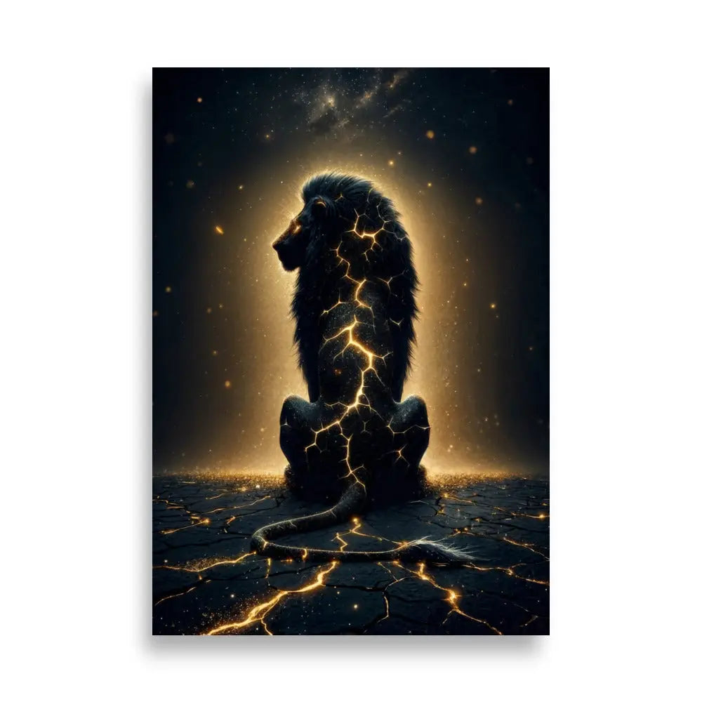 poster premium 70x100 cm d'un Lion assis avec fissures lumineuses dorées sur le corps, art symbolique contemporain représentant la résilience et la force intérieure pour décoration murale - SEVEIA