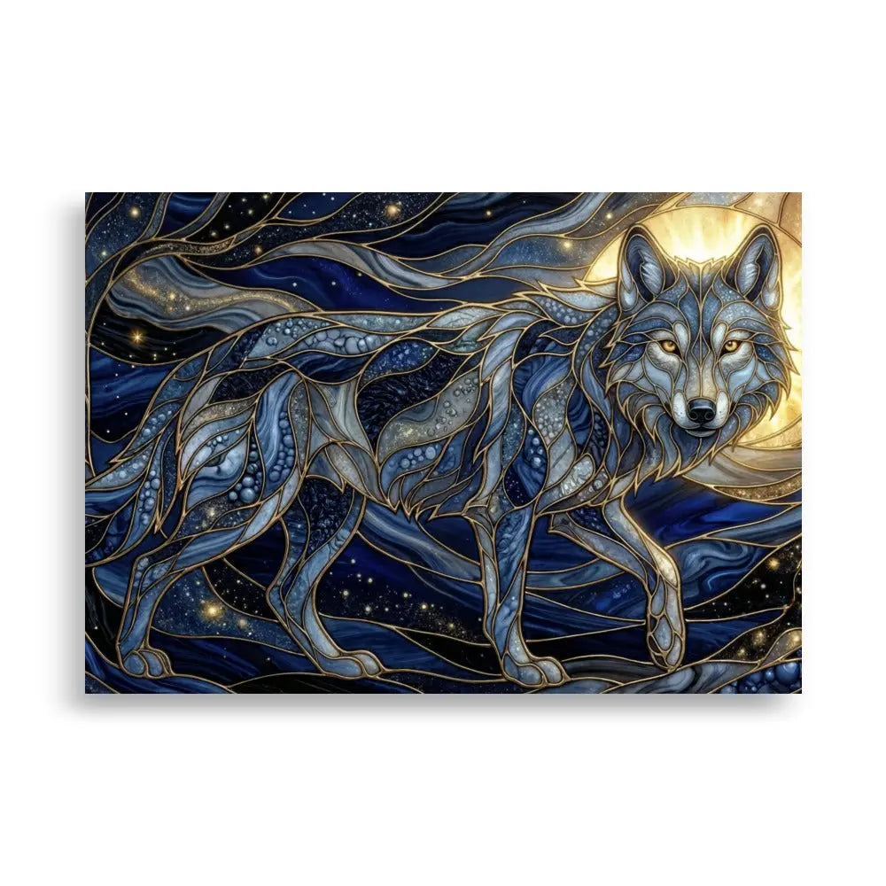 Poster premium 70x100 cm d'un loup gris et bleu comme les racines entrelacées avec énergie cosmique et lumière dorée, art symbolique contemporain représentant l’ancrage, la connexion à la nature et à l’univers - SEVEIA