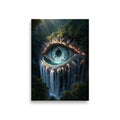 poster premium d'art contemporain 59.4x84.1 cm représentant un oeil dans la forêt dont les larmes sont une cascade, œuvre symbolique aux tons naturels et organiques – SEVEIA