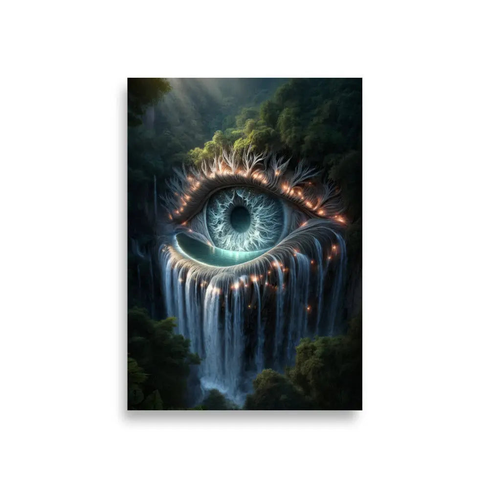 poster premium d'art contemporain 59.4x84.1 cm représentant un oeil dans la forêt dont les larmes sont une cascade, œuvre symbolique aux tons naturels et organiques – SEVEIA
