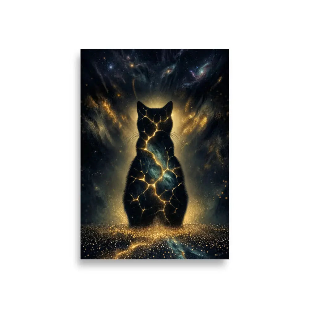Poster premium d'art contemporain 59.4x84.1 cm représentant un chat cosmique incandescent avec des fissures lumineuses dorées et une aura stellaire - SEVEIA