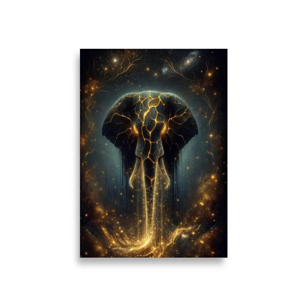 Poster premium d'art contemporain 59.4x84.1 cm représentant un éléphant doré céleste avec des fissures lumineuses et une aura spirituelle - SEVEIA