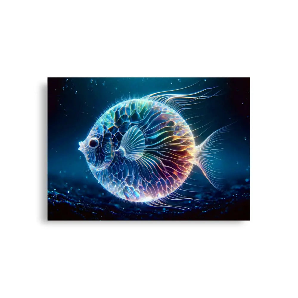 Poster d'art contemporain 59.4x84.1 cm représentant  un poisson boule néon translucide nageant dans un environnement marin lumineux - SEVEIA
