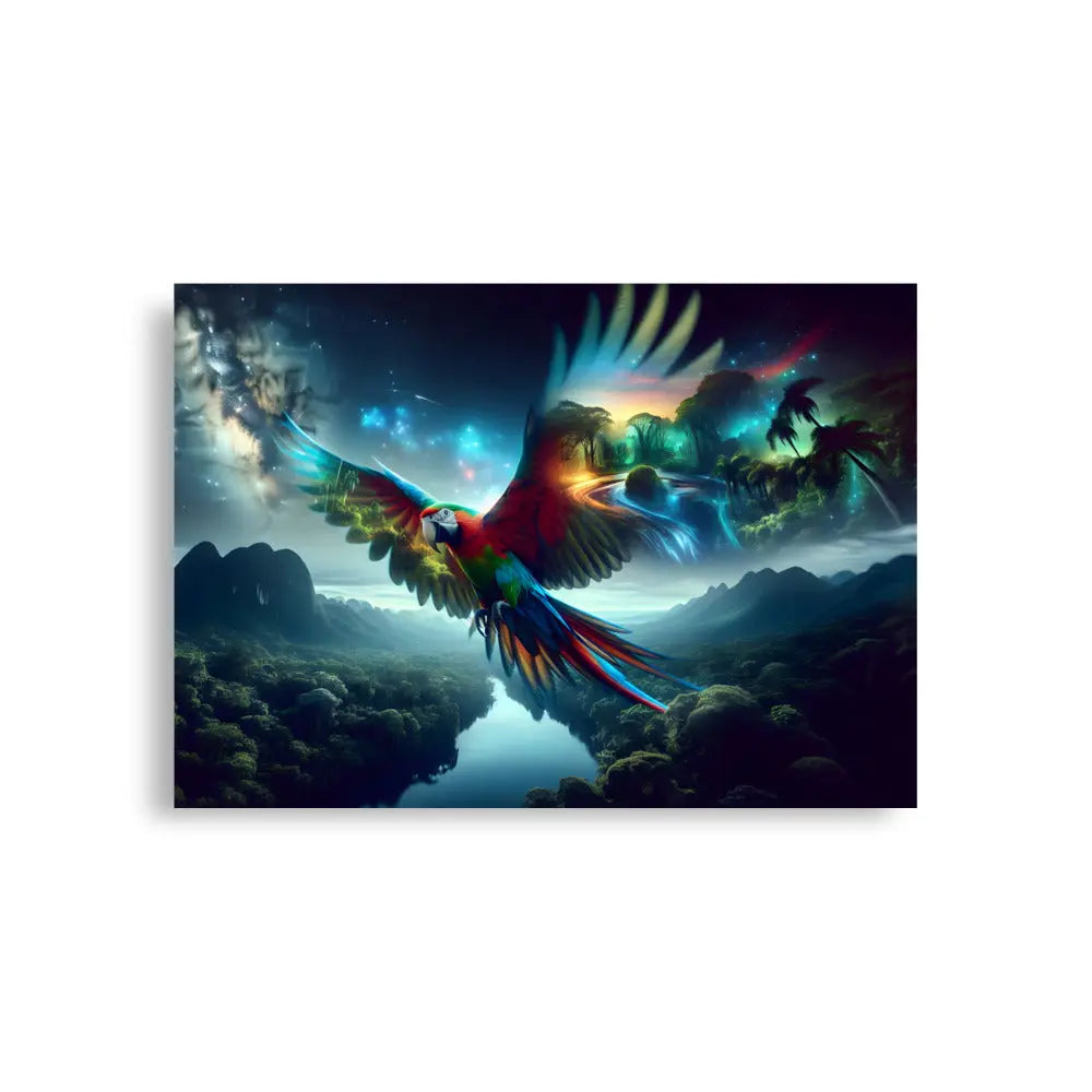 Poster d'art contemporain 59.4x84.1 cm représentant  un perroquet lumineux en plein vol avec des plumes multicolores rayonnantes et un paysage de jungle - SEVEIA