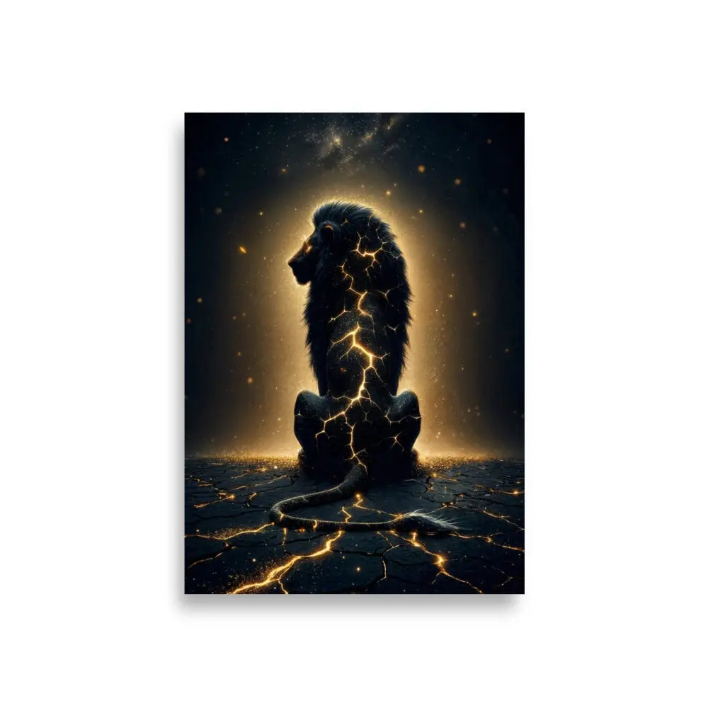 poster premium 59.4x84.1 cm  d'un Lion assis avec fissures lumineuses dorées sur le corps, art symbolique contemporain représentant la résilience et la force intérieure pour décoration murale - SEVEIA