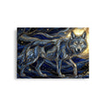 Poster premium 59.4x84.1 cm d'un loup gris et bleu comme les racines entrelacées avec énergie cosmique et lumière dorée, art symbolique contemporain représentant l’ancrage, la connexion à la nature et à l’univers - SEVEIA