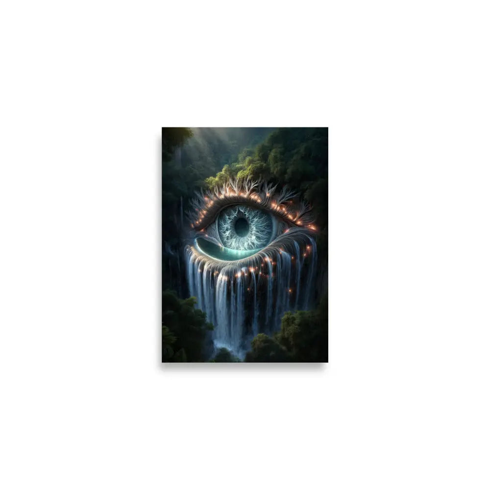poster premium d'art contemporain 42x59.4 cm représentant un oeil dans la forêt dont les larmes sont une cascade, œuvre symbolique aux tons naturels et organiques – SEVEIA