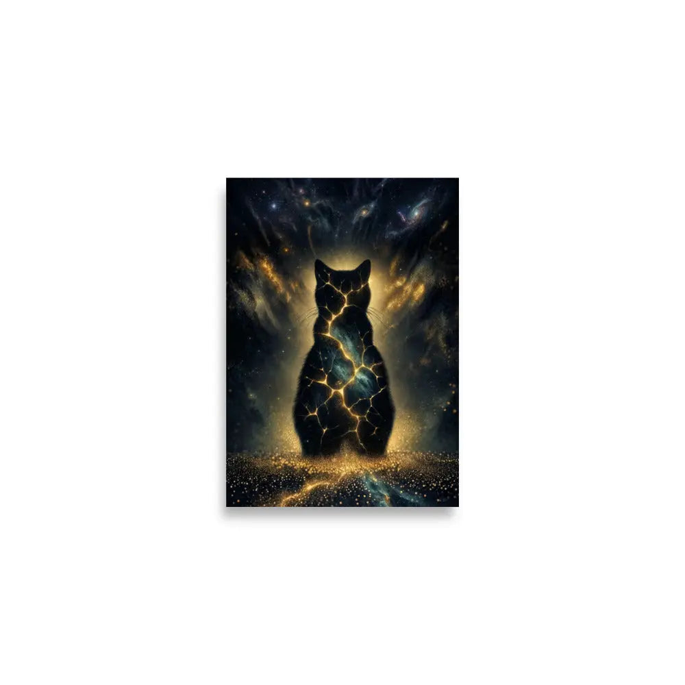 Poster premium d'art contemporain 42x59.4 cm représentant un chat cosmique incandescent avec des fissures lumineuses dorées et une aura stellaire - SEVEIA