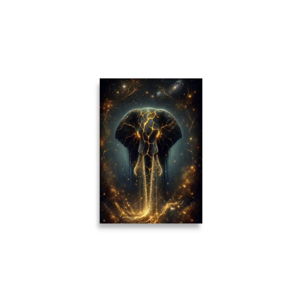 Poster premium d'art contemporain 42x59.4 cm représentant un éléphant doré céleste avec des fissures lumineuses et une aura spirituelle - SEVEIA