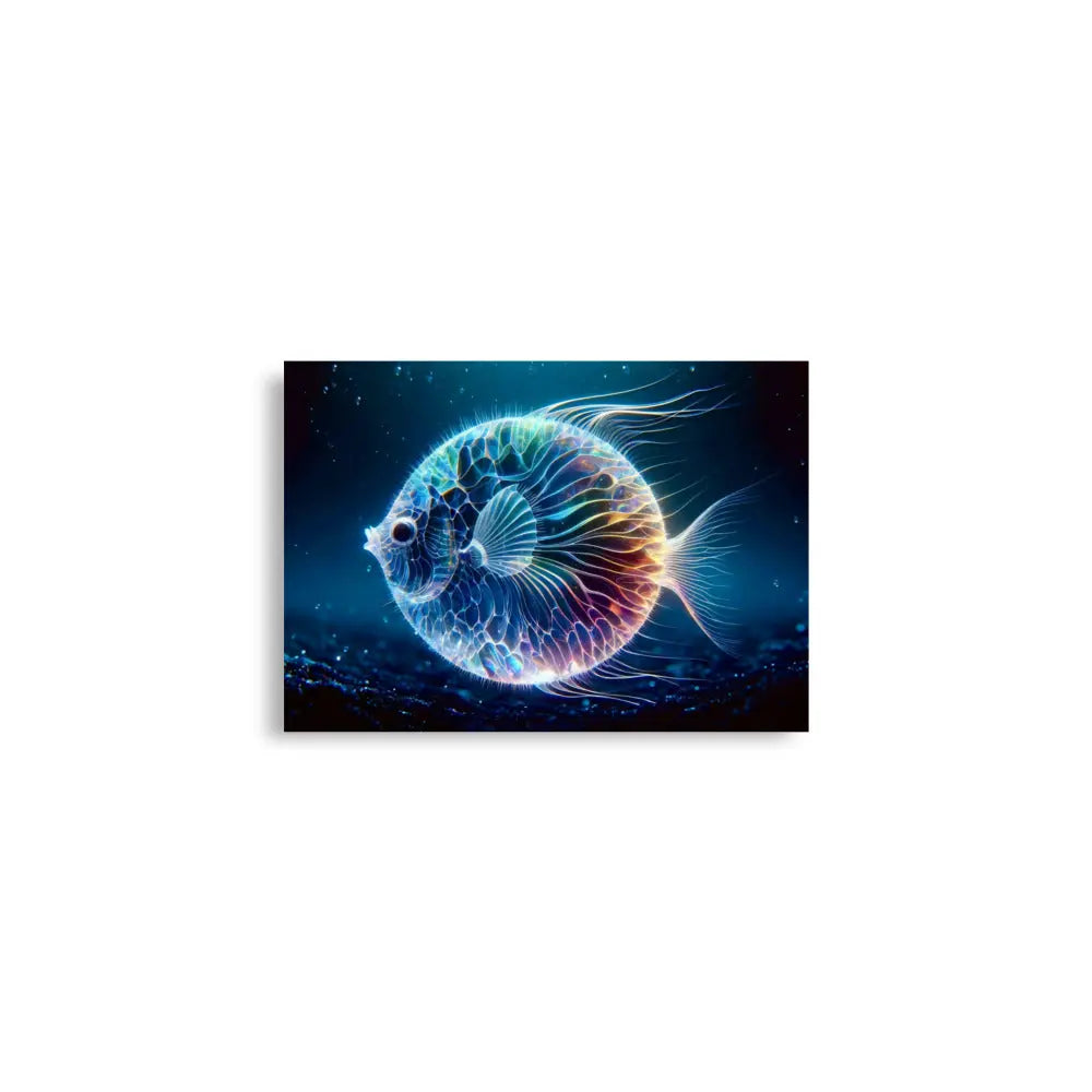 Poster d'art contemporain 42x59.4 cm représentant  un poisson boule néon translucide nageant dans un environnement marin lumineux - SEVEIA