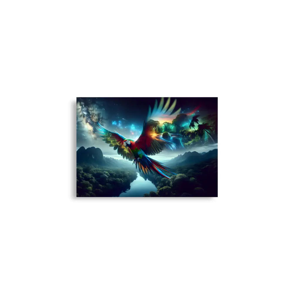 Poster d'art contemporain 42x59.4 cm représentant  un perroquet lumineux en plein vol avec des plumes multicolores rayonnantes et un paysage de jungle - SEVEIA
