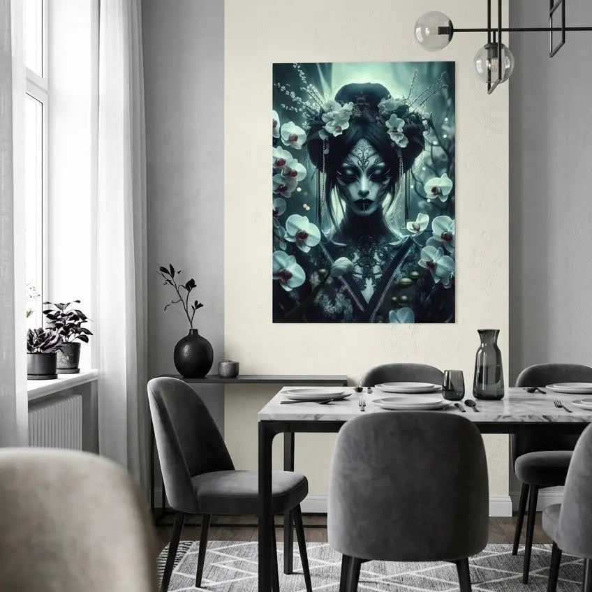 poster d'art contemporain représentant une geisha entourée de fleurs d'orchidées, œuvre symbolique aux tons naturels blanc et noir – SEVEIA