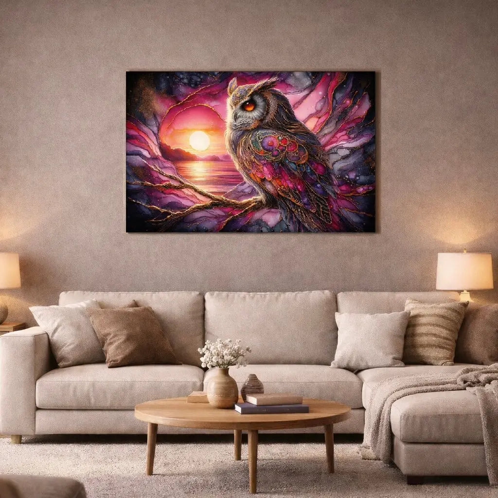 poster d'art contemporain représentant un hibou sur une branche devant un coucher de soleil, œuvre symbolique aux tons roses et violets – SEVEIA