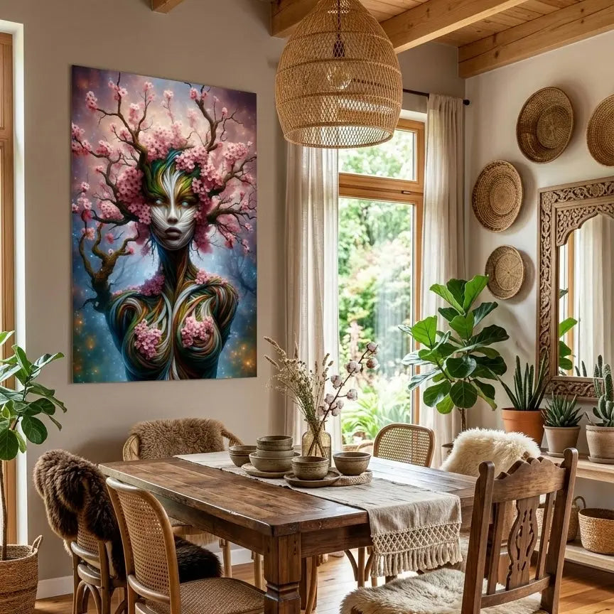 poster d'art contemporain représentant une femme végétale entourée de fleurs de cerisier, œuvre symbolique aux tons naturels roses et organiques – SEVEIA