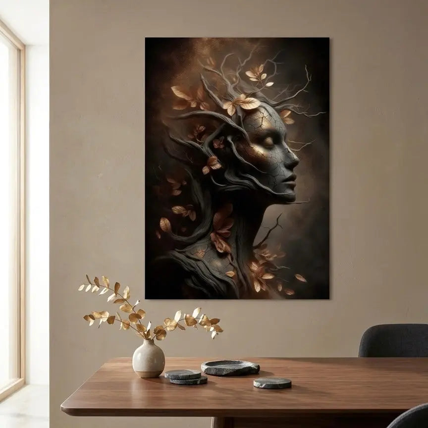 poster d'art contemporain représentant un visage enraciné entouré de fleurs, œuvre symbolique aux tons naturels cuivrés et organiques – SEVEIA