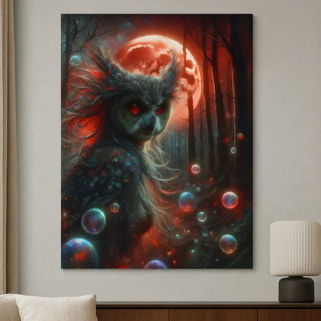 poster d'art contemporain représentant une femme hibou dans la forêt avec une lune rouge et des bulles irisées, œuvre symbolique aux tons naturels et organiques – SEVEIA