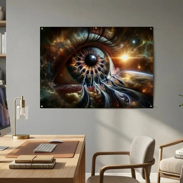 poster d'art contemporain représentant un oeil aux reflets géométriques dans un ciel cosmique, œuvre symbolique multicolore – SEVEIA 