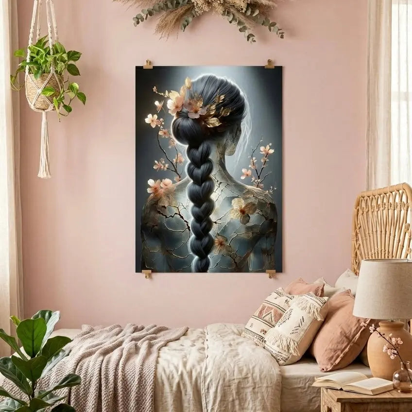 poster d'art contemporain représentant une femme au dos facturé avec une belle tresse et des fleurs roses, œuvre symbolique aux tons gris et roses – SEVEIA