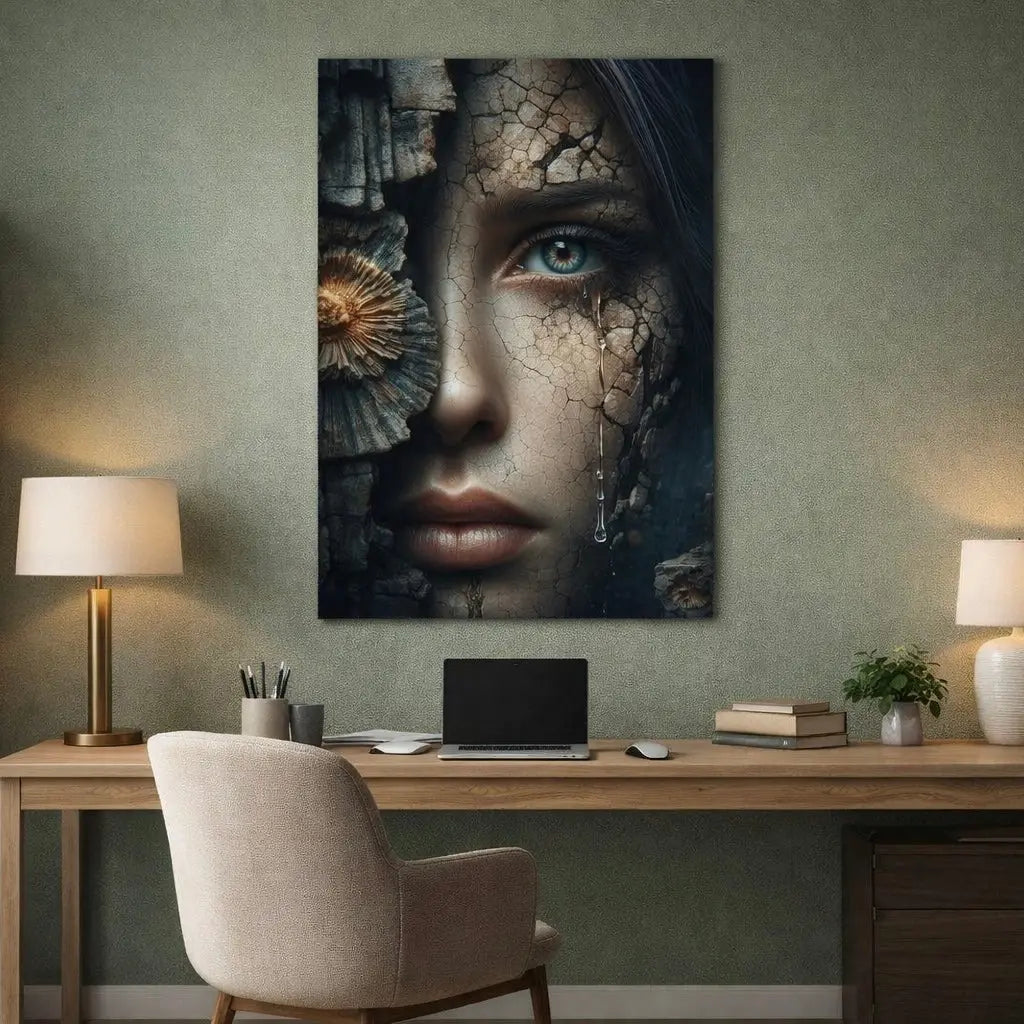 poster d'art contemporain représentant un visage de femme craquelé entouré de matières naturelles et organiques, œuvre symbolique aux teintes grises – SEVEIA