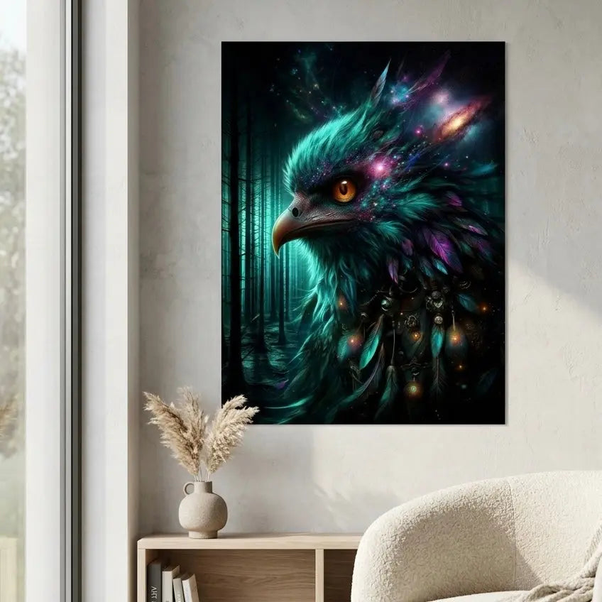 poster d'art contemporain représentant un oiseau aux plumes bleues vertes et violettes dans une forêt, œuvre symbolique – SEVEIA 