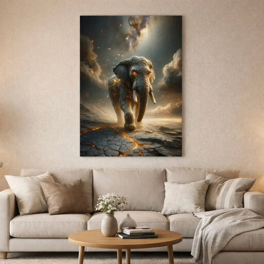 poster d'art contemporain représentant un éléphant en lave craquelée, œuvre symbolique aux couleurs grises et or – SEVEIA