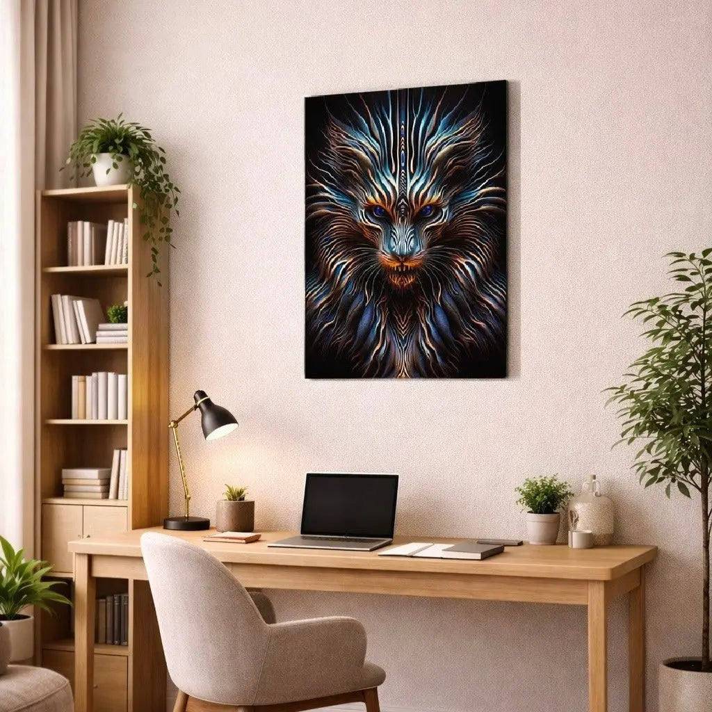 poster d'art contemporain représentant un lion au regard bleu entouré d'une crinière lumineuse, œuvre symbolique aux tons noirs et blancs – SEVEIA