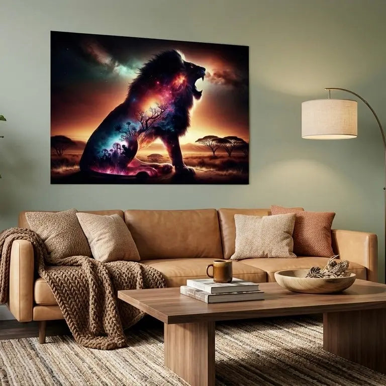 poster d'art contemporain représentant un lion à l'intérieur végétal et cosmique dans la savane, œuvre symbolique aux tons multicolores – SEVEIA