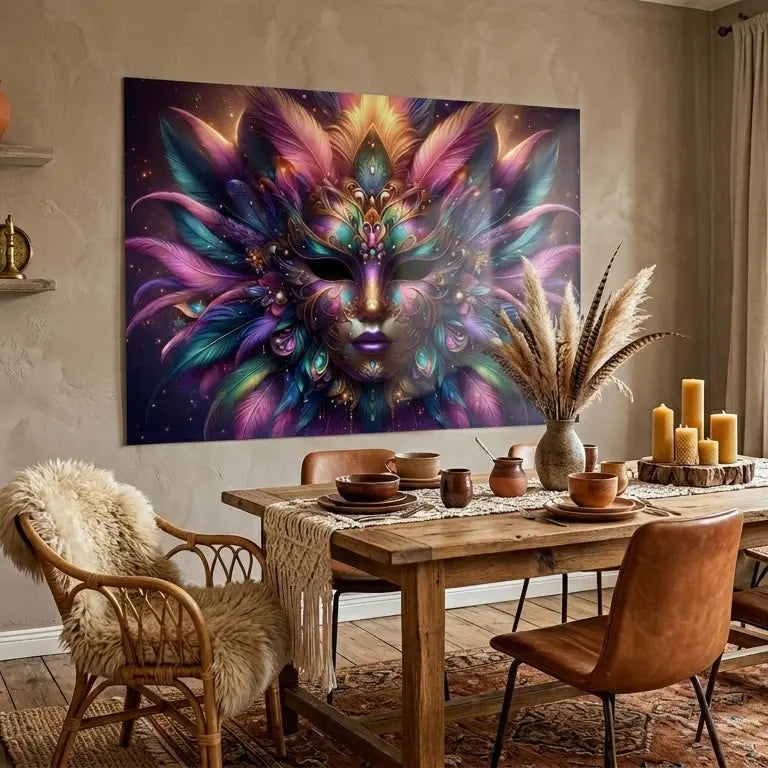 poster d'art contemporain représentant un masque entouré de plumes aux couleurs roses bleues et violettes, œuvre symbolique – SEVEIA