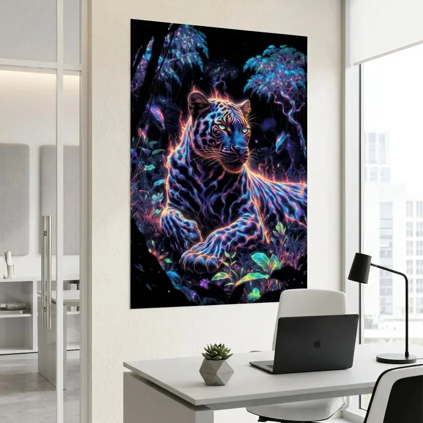 poster d'art contemporain représentant une panthère aux couleurs électriques dans la jungle, œuvre symbolique aux tons multicolores – SEVEIA
