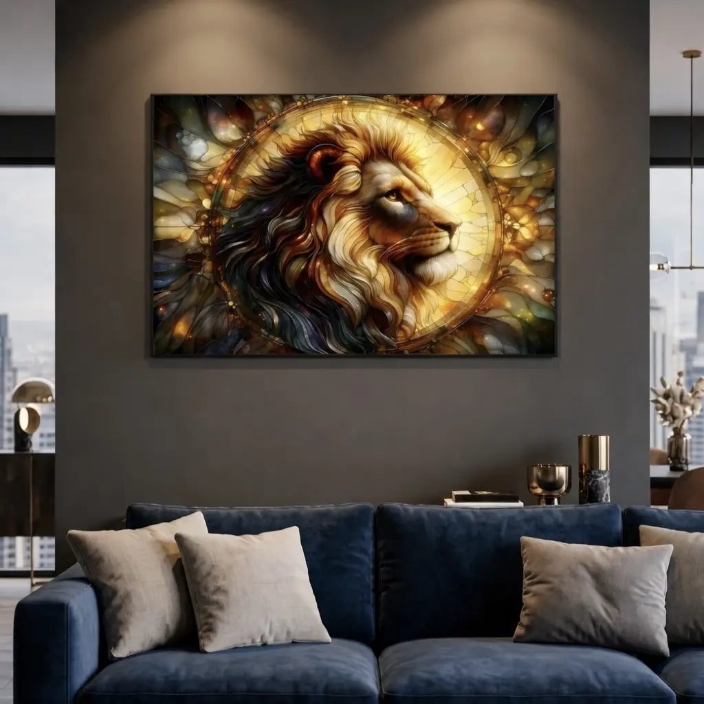 Poster vitrail tête de lion avec halo doré, style totem symbolique - SEVEIA.