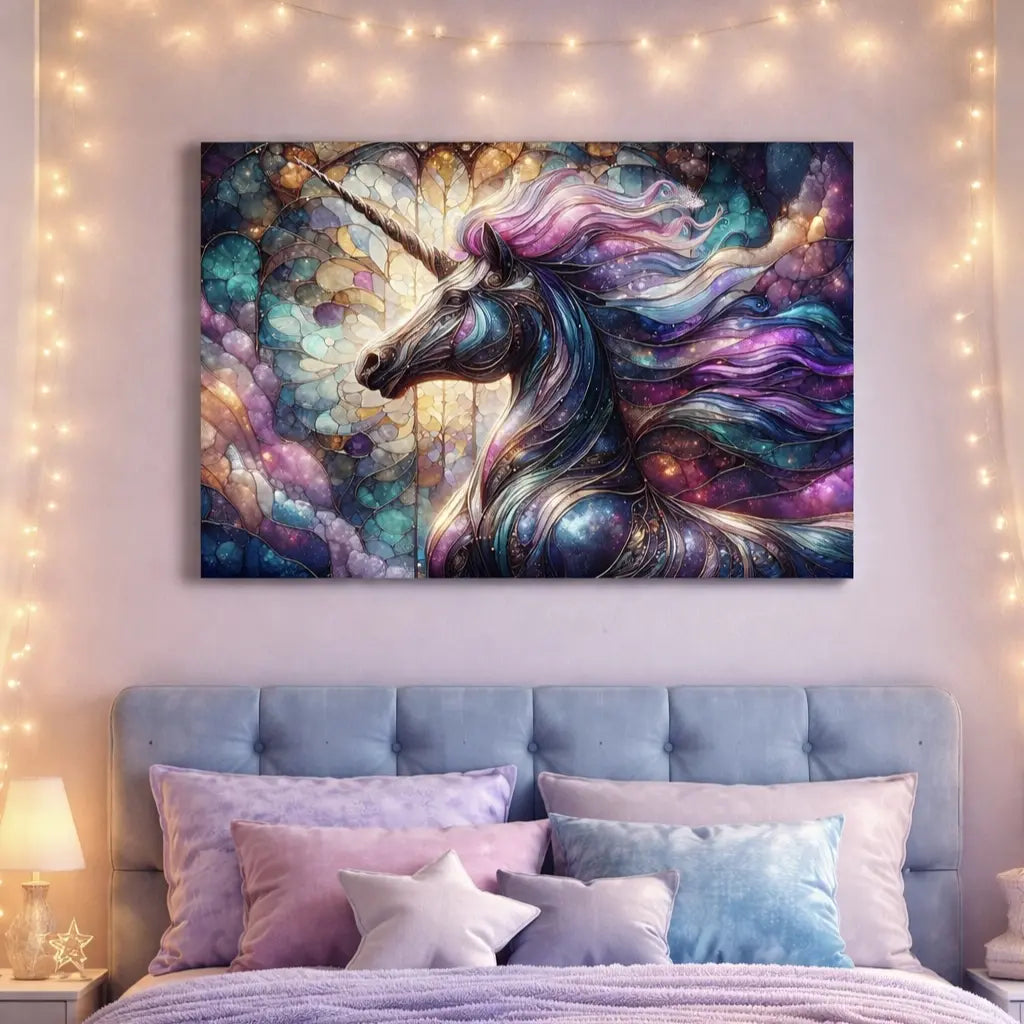Poster vitrail licorne aux teintes bleues et violettes, crinière lumineuse et sertissage doré, art symbolique contemporain - SEVEIA.