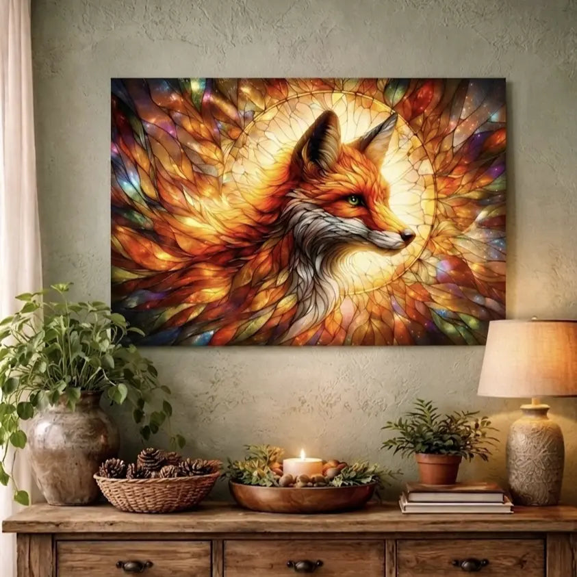 Poster premium vitrail renard orange et ambre entouré de motifs feuillus, style totem, art symbolique contemporain  SEVEIA.