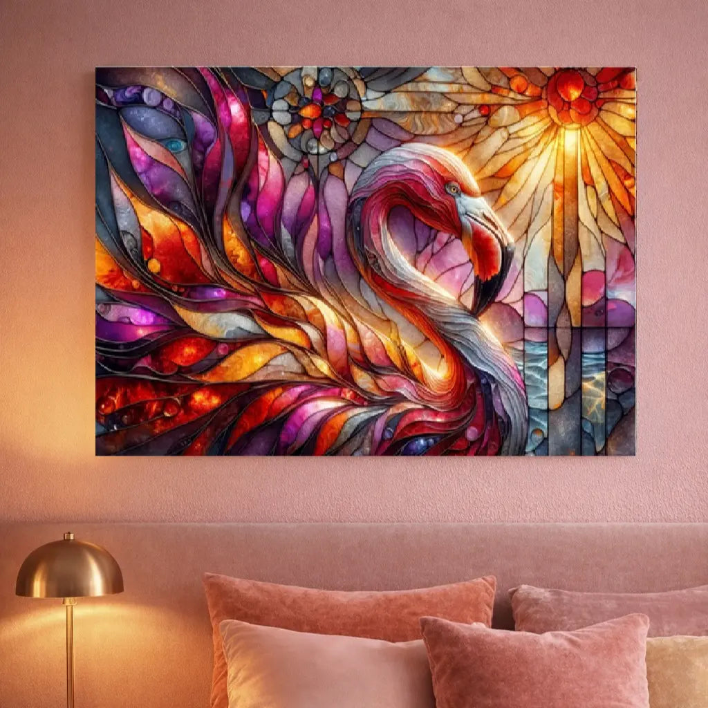 Poster vitrail flamant rose et or, plumes segmentées, style art symbolique. Art symbolique contemporain - SEVEIA.
