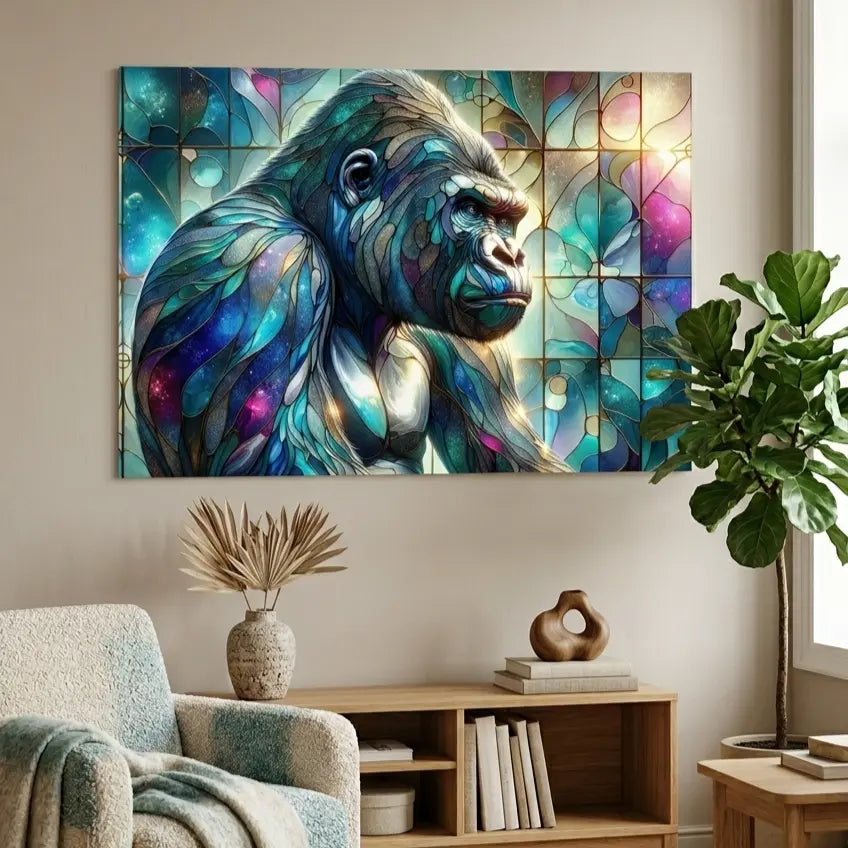 Affiche premium d'un gorille coloré effet vitrail symbole de force intérieure, art symbolique contemporain par SEVEIA.