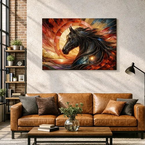 Poster premium vitrail cheval noir en mouvement, tons rouges et or, style totem. Art symbolique contemporain  SEVEIA.