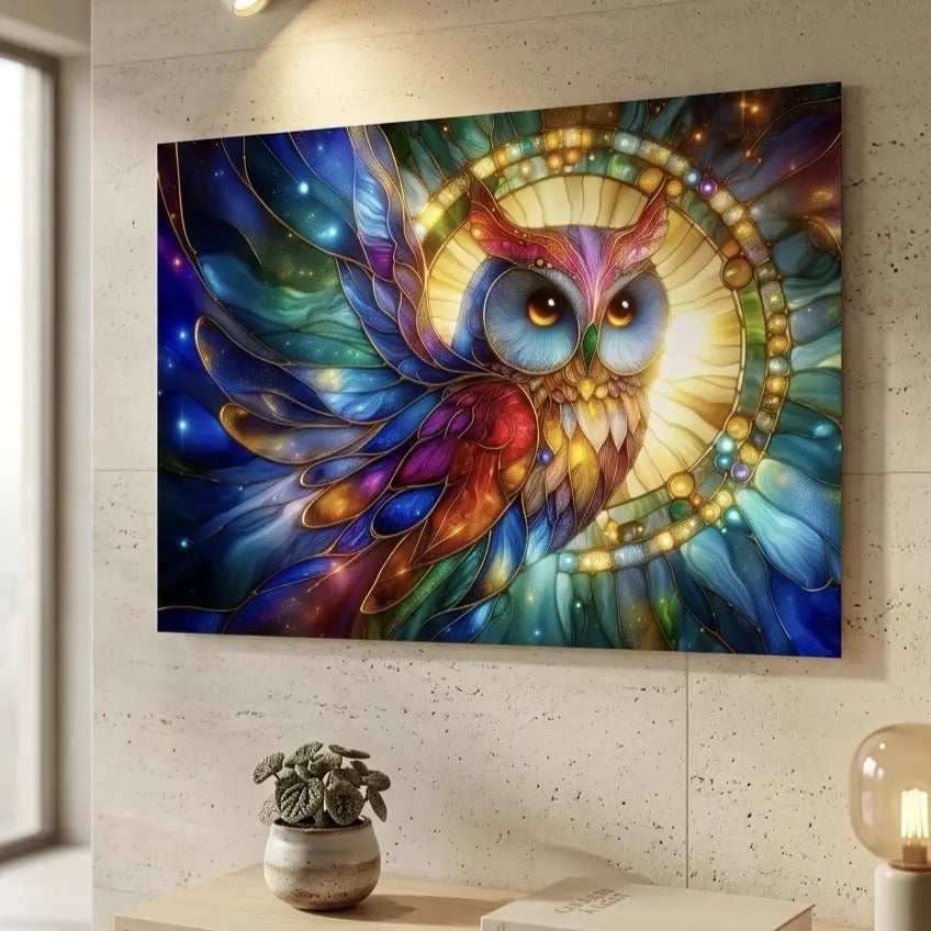 Poster vitrail hibou doré sur fond circulaire lumineux, style art symbolique contemporain - SEVEIA.