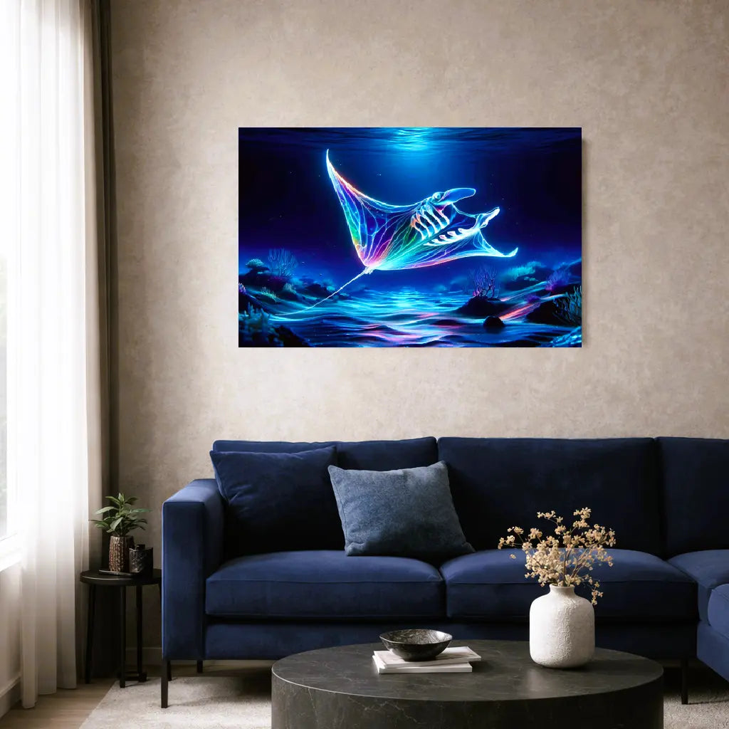 Poster art symbolique raie manta bioluminescente bleu turquoise fond marin abyssal. Art symbolique contemporain SEVEIA.