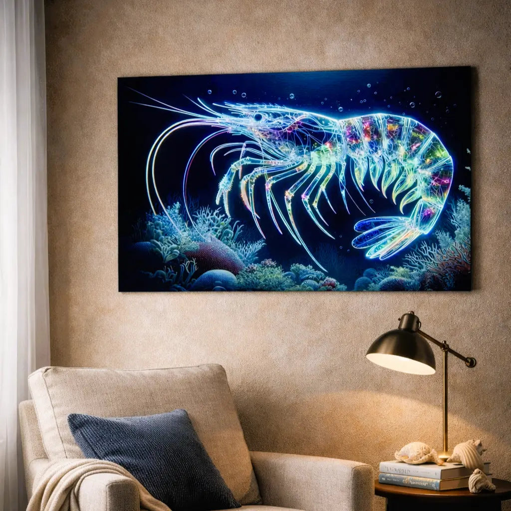 Poster crevette bioluminescente translucide bleu art symbolique minimaliste fond marin. Art symbolique contemporain SEVEIA.