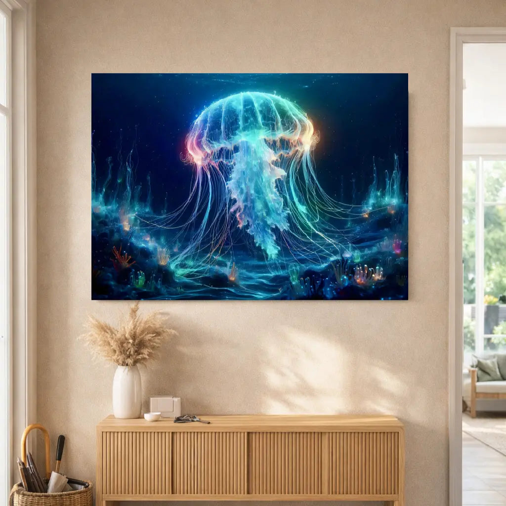 Poster méduse bioluminescente tentacules lumineux roses bleus art symbolique fond océan. Art symbolique contemporain SEVEIA.